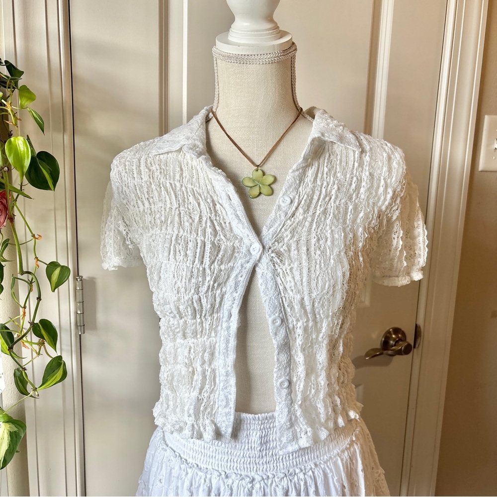Free People White Crinkled Button-Up Crop Top